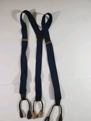 Navy Blue Suspenders/ Braces Brown Leather with  Button Attachment  - Image 1 of 4