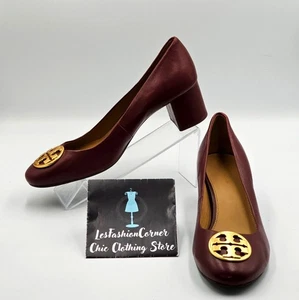 Tory Burch Women's Burgundy Leather Chelsea Block Heel Logo Pumps Size 10 2827 - Picture 1 of 16