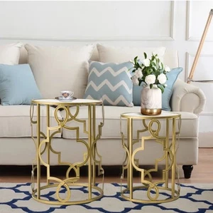 Azriel Nesting Tables Gold & White - Picture 1 of 7