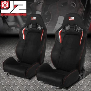 2X J2 UNIVERSAL BLACK MICROFIBER FABRIC RECLINEABLE BACK BUCKET RACING SEATS - Picture 1 of 9