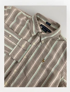 Ralph Lauren Boys Shirt 10 Slim Fit Brown Stripe Button Up Oxford Flesh Pony - Picture 1 of 8