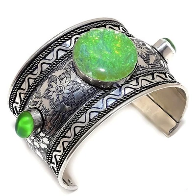 Triole Feuer Opal, Peridot Edelstein 925 Sterlingsilber Manschette Armband - Bild 1 von 4
