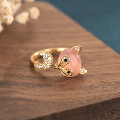 Pink Jade Fox Rings Natural Adjustable Ring Fashion Women Jewelry 925 Silver - Image 1 of 4