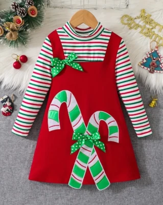 NEW Christmas Candy Cane Girls Red Long Sleeve Dress - Image 1 of 4