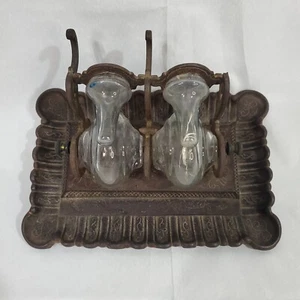 Unique Victorian Glass Rotating Ink Well In A Cast Iron Stand Date March 12 1878 - Picture 1 of 6