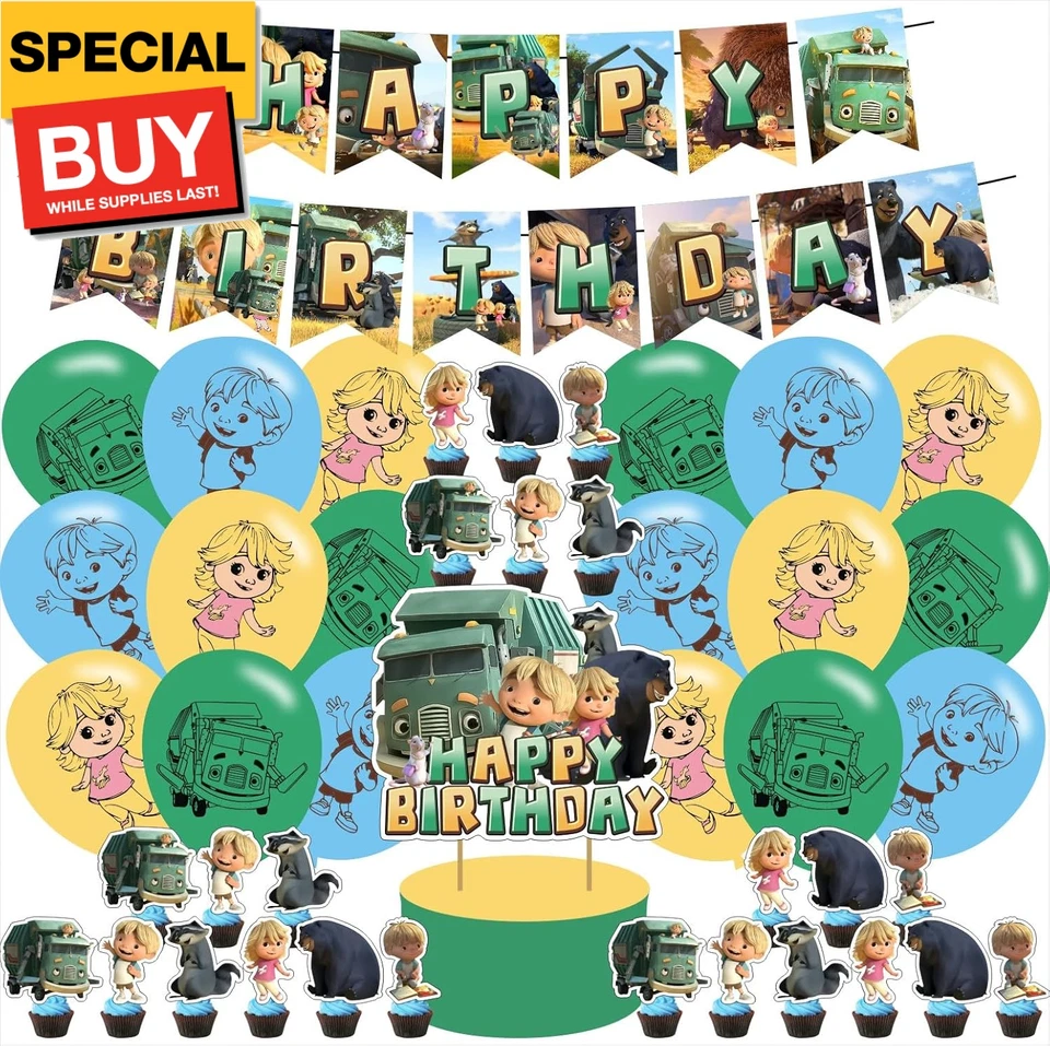 Camión de dibujos animados suministros para fiestas de cumpleaños, incluyendo adorno para pasteles, adornos para cupcakes, B Foto 1 de 1