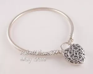 REGAL HEART PADLOCK Authentic PANDORA Silver SMOOTH Bracelet 597602 7.1 (18cm) - Picture 1 of 5