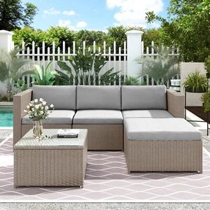 Garden Rattan Furniture 4 Seater L-Shape Corner Sofa Outdoor Patio Garden Set - Picture 1 of 8