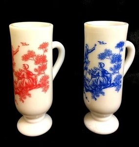 Set of2 Avon Milk Glass Slim Footed Pedestal Mug Victorian Couple Outdoors Scene - Picture 1 of 10
