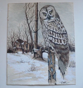VIRGE Virginia Roberts, CA CALIFORNIA LISTED, OWL LANDSCAPE NATURE WINTER SIGNED - Picture 1 of 11