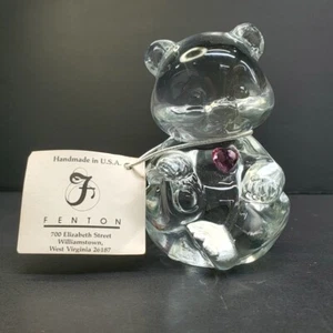 Fenton Crystal Art Glass October Birthday Bear Pink Color Heart with Tag Clear - Picture 1 of 16