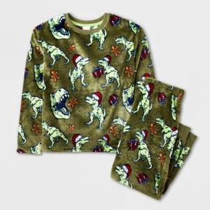 Cat & Jack Fleece Boys Dinosaur Christmas T-Rex Pajama Set - 10-12 Large #2771 - Picture 1 of 10