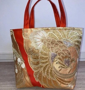 Handgefertigte reine Seide Fukuro Obi Beuteltasche Tasche Japan Gold Pfau Geschenk Unikat - Bild 1 von 5