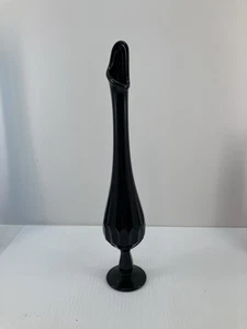 Fenton Black Glass Swung Vase Single Bud vase 13” Thumbprint Vintage MCM - Picture 1 of 8