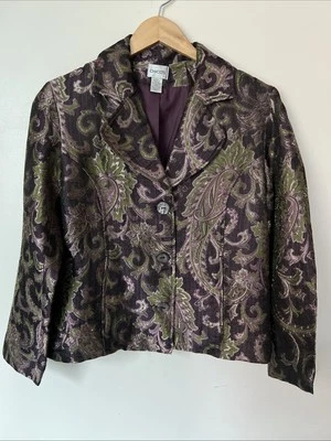 Chaqueta Blazer Chico's Metálica Púrpura Verde Paisley Boho Botones De Gran Tamaño Talla 1 Foto 1 de 4