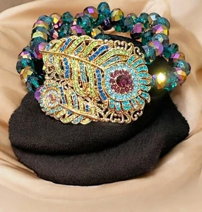 Kirks Folly Aqua Blau Grün Lila Strass Pfauenfeder Armband - Bild 1 von 11