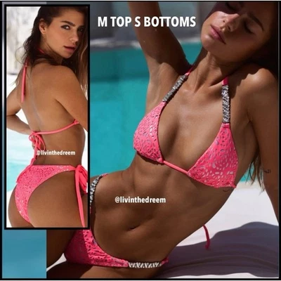 Bahimi Aruba Triangle Top & Cheeky Bottom inFlamingo Fancy M/S Set $155 - Image 1 of 4