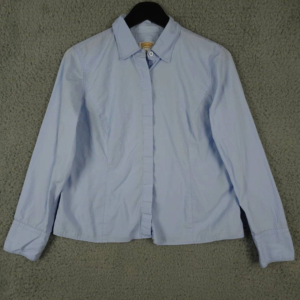 Vintage Talbots Shirt Womens 12P Petite Blue Hidden Button Up Crop Long Sleeve - Image 1 of 4