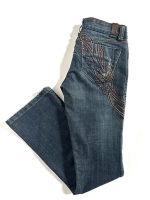 Pantalones de mezclilla para mujer Odyn bordados estampado floral acampanados corte bootcut azul oscuro talla 28 Foto 1 de 4