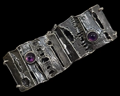 Brazalete Raro Mediados de Siglo Moderno Brutalista Europeo 835 Plata y Panel Amatista Foto 1 de 4