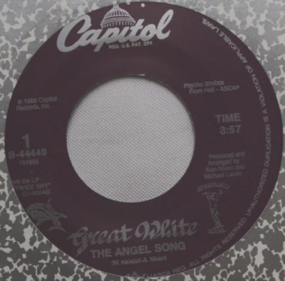 GREAT WHITE THE ANGEL SONG / RUN AWAY 45 7" VINYL RECORD EX + COMPANY SLEEVE Foto 1 de 4