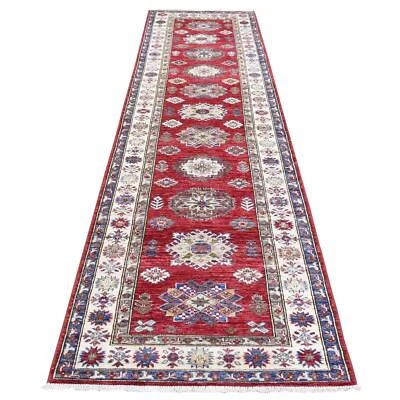 3'1"x11' Rich Red Hand Knotted Kazak Geometric Medallions Wool Runner Rug G72910 - Image 1 of 4