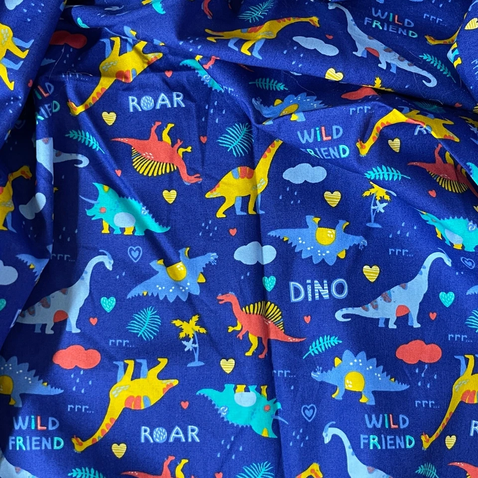 Dino Fun Dinosaurs Baby Newborn 100% COTTON POPLIN Rose & Hubble Fabric 45" BLUE - Image 1 of 1