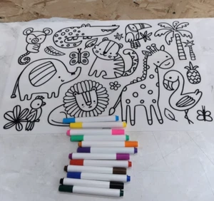 Silicone Washable Kids Colouring Placemat – Jungle Mat with Pens, Reusable - Picture 1 of 8