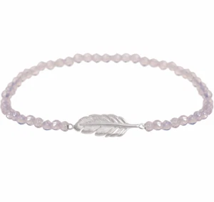Bracelet Rose Quartz Faceted with a Feather Flexible Bangle Feather Silver - Picture 1 of 1