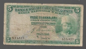 1930, Cartamoneta Albania, 5 FR. AR. Insegna G. Bianchini. R. - Foto 1 di 2