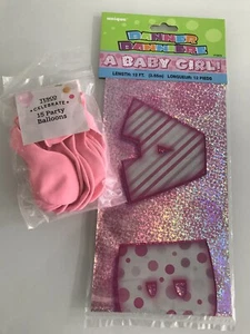 A Baby Girl Banner Party Pink Coloured Sign & Pink Balloons Birth Of A Girl Set - Picture 1 of 5