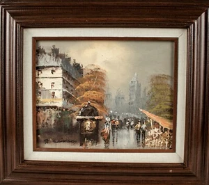 Vintage Stadtbild Menschen Vintage Stadtszene Ölgemälde Größe 15,5" L x 13,5" B - Bild 1 von 10