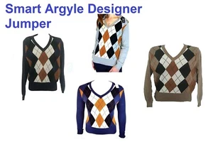 Damen Smart Argyle Feinstrick Designer Golf Golfen? PULLOVER Pullover V-Ausschnitt Oberteil - Bild 1 von 9