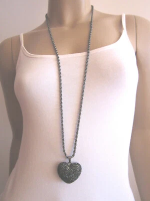 Damen Hals Kette Modekette lang Modeschmuck Strass Herz Schwarz Bling Bling h876 - Bild 1 von 4