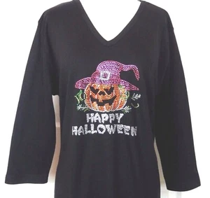 S M L oder XL Strass Happy Halloween gruselig rosa Hexenhut Kürbis Top - Bild 1 von 4