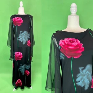 Glamorous Vintage Black Roses Maxi Dress with Chiffon Angel Sleeves - Size M/L - Picture 1 of 11