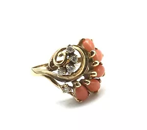 14k Solid Yellow Gold Vintage Pink Angel Skin Salmon Coral Diamond Ring Size 7 - Picture 1 of 8