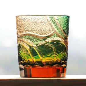 J41 Edo Kiriko Hand Carved Drinking Glass 9oz Amber Green Crystal Whisky Glass - Picture 1 of 8