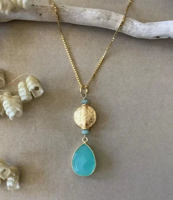 Edelstein Chalzedon  Amazonit Damen Halskette , Silber 925 Schmuck, vergoldet - Bild 1 von 4