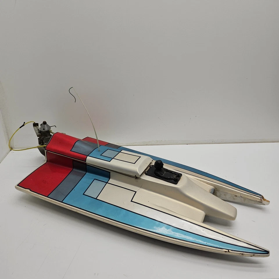 Vintage RC Catamaran Boat Glow Nitro Engine Red White Blue Hull AS IS - Image 1 of 4