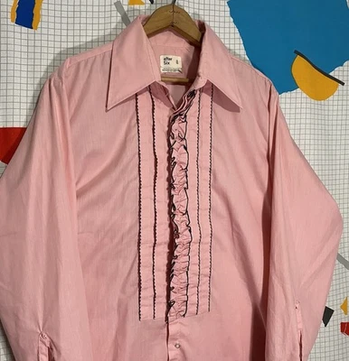 Vintage 70s Pink Ruffle Shirt Tuxedo Mens L Rockabilly Dagger Western Button Up - Image 1 of 4