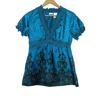 Vintage Y2K Size Medium Blue Black Satin Puff Sleeve Babydoll Top Party Sexy - Image 1 of 4