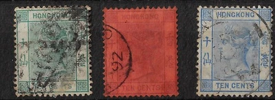 Hong Kong misc QV 10c colours, Scott 43-45 used CV$7.75, wmk CA, F-VF.    (a7587 - Image 1 of 2