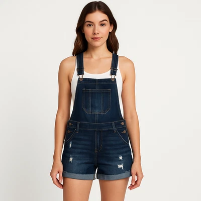 JORDACHE VINTAGE Denim Short Overalls Distressed Cuffed Dark Wash Size M - Image 1 of 4