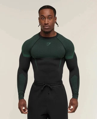 ✅Gymshark - Camiseta Onyx 5.0 Manga Larga Sin Costuras - Negra/Verde Elevación - Mediana✅ Foto 1 de 3
