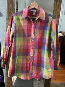 ISAAC MIZRAHI 20th Anniversary Collection Rainbow Plaid 100% SILK Tunic Top Sml - Picture 1 of 4