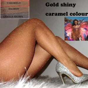 Skin tone colour gold silk lined fishnet glitter pantyhose carnival tights - Picture 1 of 2
