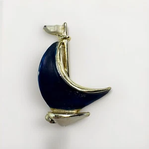 Spilla spilla barca a vela smaltata nera vintage tono oro - Foto 1 di 8