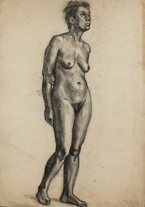 Vintage Original Kohlezeichnung Frau Figur Akt signiert - Bild 1 von 13