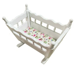 Dollhouse Furniture Wooden Baby Cradle Bed 1:12 Miniature Crib Decor White - Picture 1 of 4